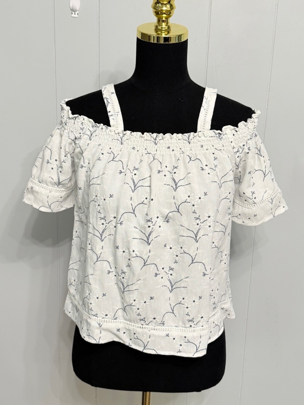 #10)  Love Notes White Off-Shoulder Floral Camisole with Blue Print